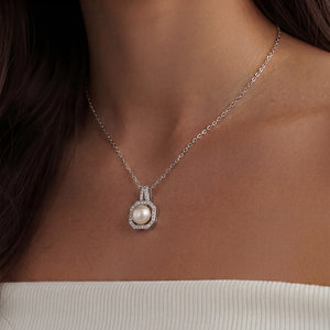 Collier en argent sterling S925 avec perle d'eau douce et pendentif octogonal géométrique, collier de perles délicat et tendance pour femmes - Product Image 5