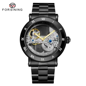 Forsining男士自动手表奢华男士透明金色新款设计连衣裙机械男士腕表