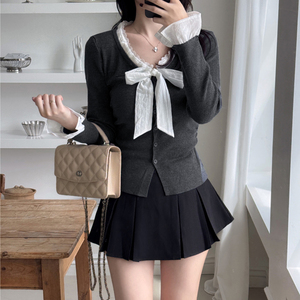เสื้อเชิ้ตแขนบานแต่งโบว์ผูก ปิดกระดุมด้านหน้า ลายปะติดสีสันสดใส สไตล์สาวหวานฝรั่งเศส เซ็กซี่ น่ารัก ลำลอง - Product Image 1