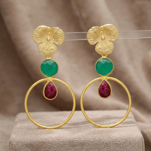 Pendientes Circulares de Rubí y Aguamarina con Diseño de Cabeza de Flor, Joyería Étnica Hecha a Mano para Bodas y Fiestas - Product Image 2