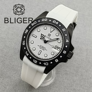 Bliger 40mm Đen tráng trường hợp nh35 tự động người đàn ông xem ngày phóng đại Sáng Quay Số dây đeo cao su vít vương miện cố định bezel - Product Image 2