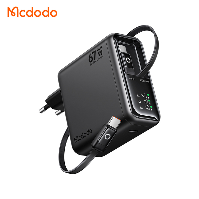 Mcdodo 863/864/323 20k Pulls Durability 67W 3-Port GaN Fast Digital Display Charger with Dual Built-in Retractable USB-C Cables