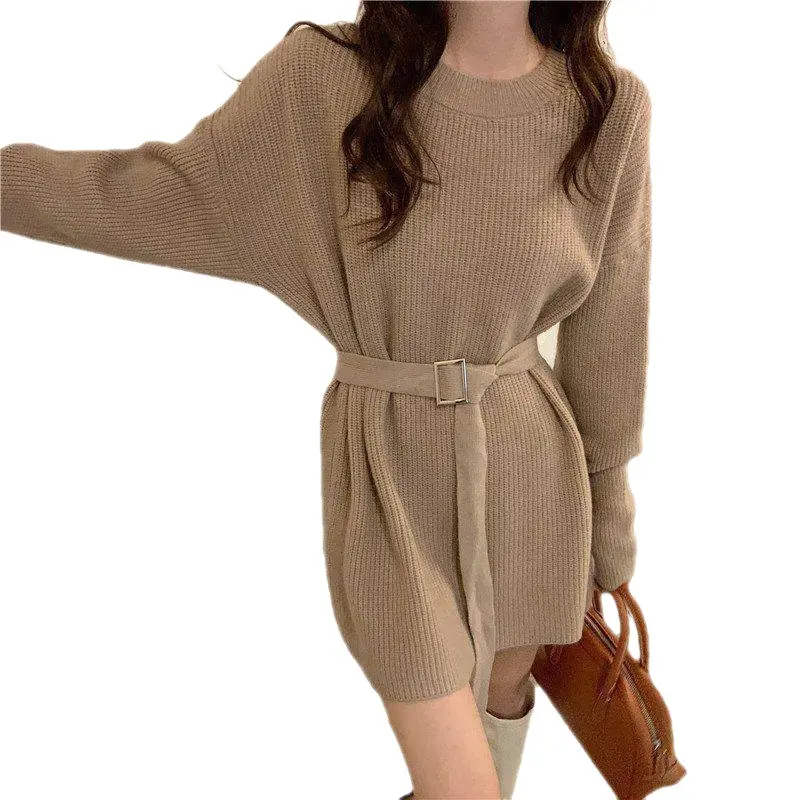 Autumn/spring Solid Loose Fit Knitted Sweater Dress O-neck Rib Knitted Midi Sweater Dress with Belt