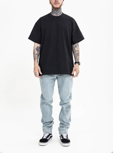 Moda negro peso pesado 95% algodón, 5% Spandex Color sólido de gran tamaño cuello redondo Camiseta para hombres - Product Image 3