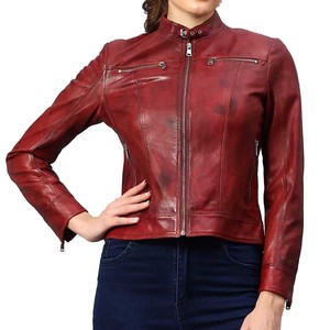 Veste en cuir pour femme, design personnalisé, couleur rouge cirée, design élégant et tendance, couleur unie - Product Image 1
