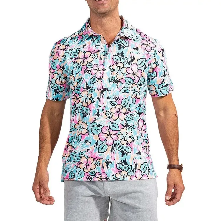 Nuovo arrivo confortevole camicia da uomo in poliestere mezza manica stampa floreale abbottonatura t-shirt da uomo