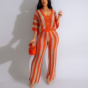 J0318 2026 Ensemble deux pièces tendance pour femme : Haut tricoté rayé à col et découpes en V et pantalon large – Ensemble <span class=keywords><strong>2</strong></span> pièces pour femme - Product Image 2