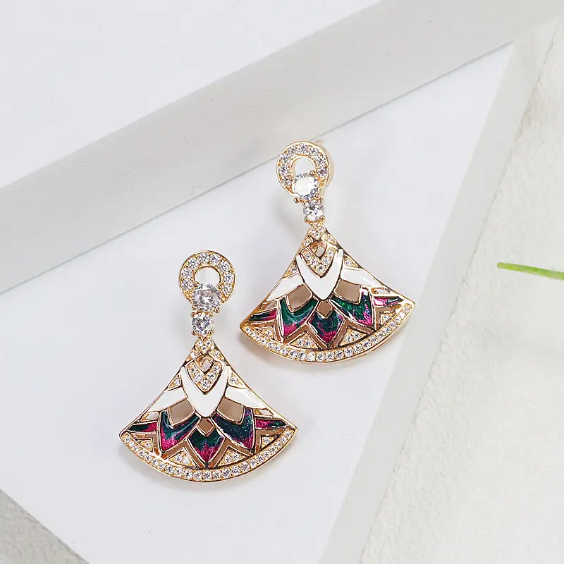 Ohrring Mode neues Design buntes Esmalte Lüfter Dreieck-Ohrringe Rose vergoldung Messingschätze Schmuck