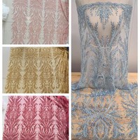 Tissu en dentelle brodée multicolore avec perles et paillettes pour robes de mariée haut de gamme, accessoires de vêtements DIY, décoration en dentelle et maille