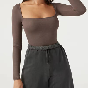 Nouveau <span class=keywords><strong>T</strong></span>-<span class=keywords><strong>shirt</strong></span> à manches longues serré femmes américain Sexy haut U cou bas chemise serré sport Fitness haut personnalisé - Product Image 1
