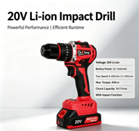 Perceuse sans fil Li-Ion 20V, 45N.m, deux vitesses 0-400-1400 tr/min, perceuse rechargeable, avec fonction percussion, perceuse électrique pour le bricolage du bois et du métal
