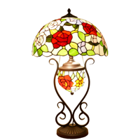 Lampu Meja Besar Bergaya Modern dengan Kaca Patri Motif Bunga Mawar, Kaca Patri Logam untuk Kamar Tidur, Ruang Tamu, Kantor Rumah
