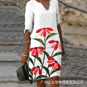 V-Neck <b>Loose</b> Floral Print <b>Dress</b> Breathable Casual Wear Women's Plus Size Summer <b>Dress</b> - Product Image 3