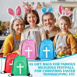 Multicolor Jesus Loves You <b>Drawstring</b> <b>Backpack</b> Bulk Easter Church Gifts Christian Religious Polyester Gift Bag - Product Image 4