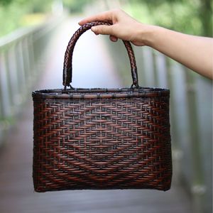 Bamboo Woven Handbag Square Shape Two Handles Durable Women's Cosmetic Bag Retro Chinese Style Zen Inspired - Product Image 1