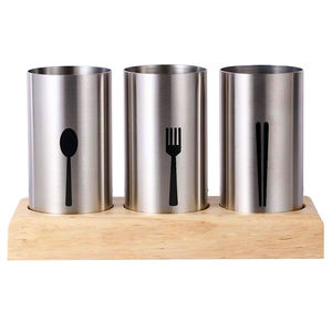 منظم أدوات المائدة من 3 قطع لسطح المطبخ مع قاعدة خشبية، حامل أدوات الطعام من الفولاذ المقاوم للصدأ 304 - Product Image 5