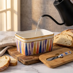 Boîte de rangement pour beurre en céramique de style américain rétro avec couvercle et couteau à beurre, récipient en céramique multi-usages pour fromage, confiture, cuisine - Product Image 2