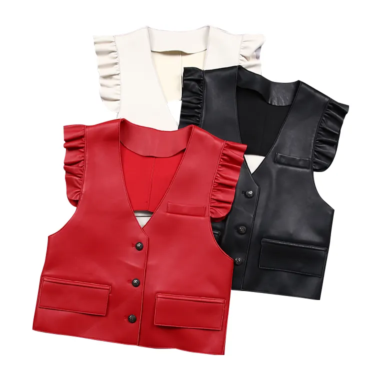 Modieus Ontworpen Lederen Schapenvacht Mouwloze Kant Mouw Vest Knop Backless Vest