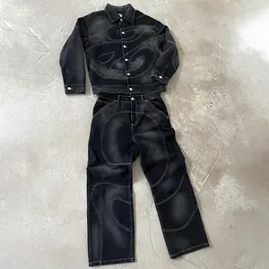 Edge Denim Factory, conjuntos de traje de Jean de dos piezas para hombre de lavado negro personalizado, conjuntos de Jean para hombre