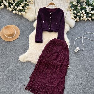 Traje de invierno que combina con todo para mujer, chaqueta de Tweed con patrón sólido informal, Chaqueta corta de manga larga, falda con borlas de cintura alta - Product Image 5