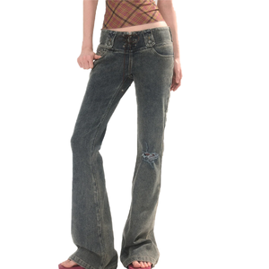 Vaqueros bootcut vintage para mujer con logo personalizado, lavado, con cordón frontal, cintura con cordón ajustable, pequeños detalles desgastados y orificios, pantalones de mezclilla acampanados. - Product Image 4