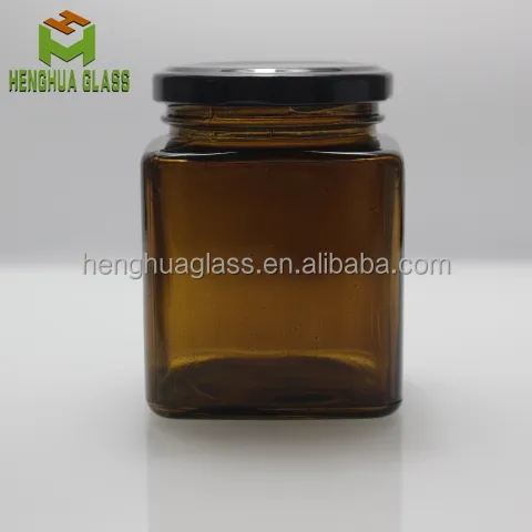 Stoples Kaca Warna Amber Kustom 200Ml 280Ml, Stoples Madu Kaca Batu Persegi Penyimpanan Makanan 250G Salep Minyak Kelapa