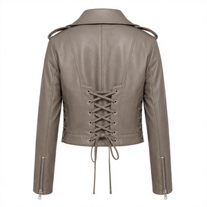 Women’s Grey <b>Leather</b> Back Drawstring <b>Jacket</b> <b>Long</b> Sleeve Tailored Button Front Fashion Coat - Product Image 1