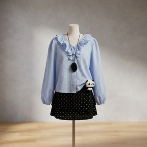 Ensemble de chemisiers à volants à manches longues et col en V à pois tissés pour femme - Vert Noir 457 Boutons Coton/Fibre de bambou - Product Image 3