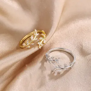 Nuoro anel aberto de folhas de diamante, para mulheres cristal requintado ajustável anel de dedo