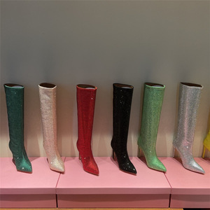 New Autumn/Winter Slip-On Breathable Pointed Toe Luxury High Heel Rhinestone Knee-High Boots with Height Increasing - Product Image 3
