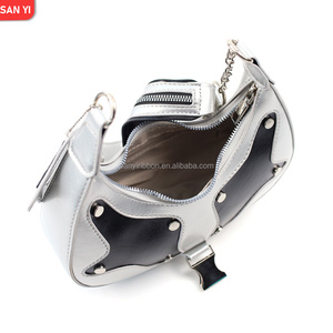 Stylish Punk Patchwork PU Leather Handbag Rivets Chains New Vintage Fashionable Underarm Shoulder <strong>Bag</strong> for Ladies Summer Winter - Product Image 6