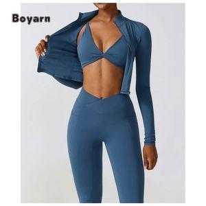 Boyarn femmes Yoga manteau vêtements d'entraînement col montant fermeture éclair manches veste de sport tenue de Sport Jogging haut de gymnastique logo personnalisé - Product Image 4