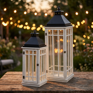 Ensemble de 2 lanternes porte-bougies en métal et verre avec base en bois, décoration pour la maison, le jardin, la terrasse, les mariages et les événements - Product Image 4