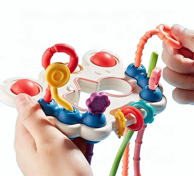 Trends 2023 Ideas Montessori Sensory Colorful Pull String Toy Funny Carton Silicone Baby Teething Toy