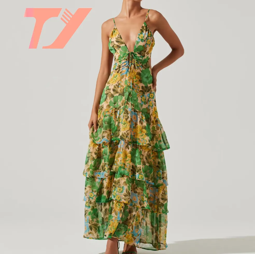 TUOYI कस्टम लेडी फ्लोरल शिफॉन मैक्सी लॉन्ग ड्रेस स्लिप वी नेक बैकलेस रफ़ल ड्रेस महिलाओं के लिए