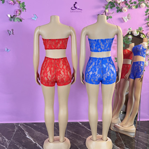 HR24018 2026 Conjunto de 2 Piezas de Encaje Transparente para Mujer, Top Tubo sin Tirantes, Shorts Ajustados, Atuendo Sexy para Club - Product Image 3