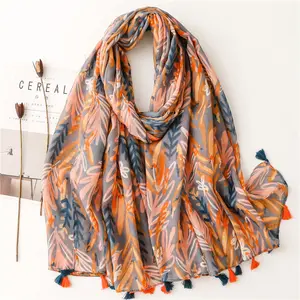 Fashion Bird Print Orange Scarf For Women Elegant Autumn Winter Fringed Scarves Wrap Shawl Female Long Pashmina