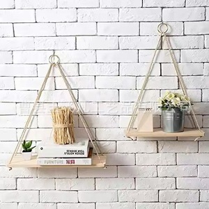 Yu Feifan Solid Wood Wall Mounted Floating <b>Shelf</b> Natural Color Rectangle Rope Hanging Storage <b>Rack</b> For Living Room - Product Image 3