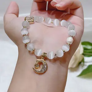 Moda pietra naturale opale bianco guarigione pietra di cristallo perline Lucky Cat Bear Fishtail Fox Four Leaf Moon Charm Bracelet Women