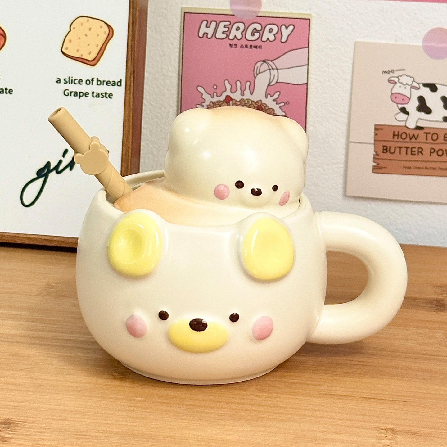 [ฝาซิลิโคนและหลอดดูด] แก้วอาหารเช้ารูปหมี - คัสตาร์ด