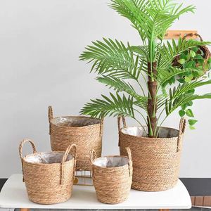Panier en bambou et en rotin, grand <span class=keywords><strong>pot</strong></span> de plante avec poignées, couvre-plantes pour la verdure, décoration de jardin bohème rustique écologique - Product Image 1