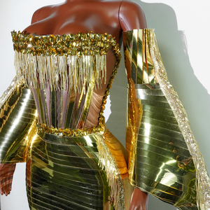 Minivestido de malla con cordones y borlas doradas de lujo para grupo femenino, traje de baile sexy, ropa de escenario, Drag Queen - Product Image 4
