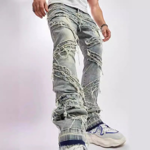 Người Đàn Ông Của Nhà Sản Xuất Quần Áo Sờn Jeans Người Đàn Ông Xếp Chồng Lên Nhau Quần Thời Trang Tua Thời Trang Thời Trang dạo phố Căng Quần Áo Chắp Vá Denim loe - Product Image 1