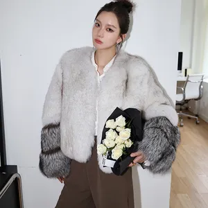 Wholesale Real fox fur Women Full Fox Fur Long Coat Genuine Fox Fur Luxury Coat With Grey Sleeve Cuffs Women's Coats