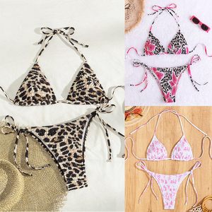 Traje de Baño de Bikini Plisado Estampado al por Mayor, Traje de Baño de Bikini Triangular Sexy con Estampado de Leopardo para Mujer - Product Image 2