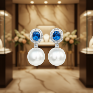 Boucles d'oreilles pendantes bleu saphir avec perle d'eau de mer et halo de diamants pour femme, style classique de mariage - Product Image 2