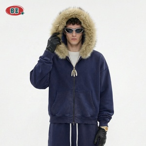 <span class=keywords><strong>Felpa</strong></span> con <span class=keywords><strong>Cappuccio</strong></span> Vintage da Uomo Personalizzabile, Lavaggio Acido, Pelliccia Sintetica, Vestibilità Ampia e Lussuosa con Zip - Product Image 2