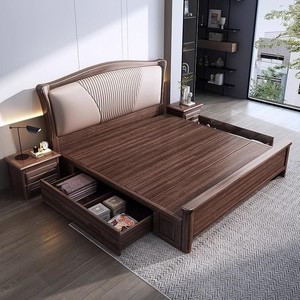 Walnut Solid Wood Bed 1.8m Double Storage Master Bedroom Upholstered <b>Headboard</b> Modern Minimalist Style - Product Image 1