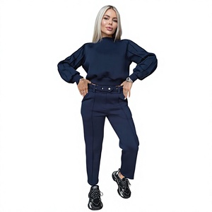 Conjunto de Pantalones Deportivos de Forro Polar Transpirable con Capucha y Mangas Largas en Azul Marino para Mujer, con Bolsillos Laterales y Cierre de Botones, para Otoño - Product Image 1