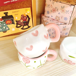 แก้วกาแฟเซรามิกสไตล์เกาหลี งานแฮนด์เมด ลายเพ้นท์มือ เป็นมิตรกับสิ่งแวดล้อม พร้อมถาดรองแก้วลาเต้คุณภาพสูง สำหรับการค้าขายข้ามพรมแดน - Product Image 2